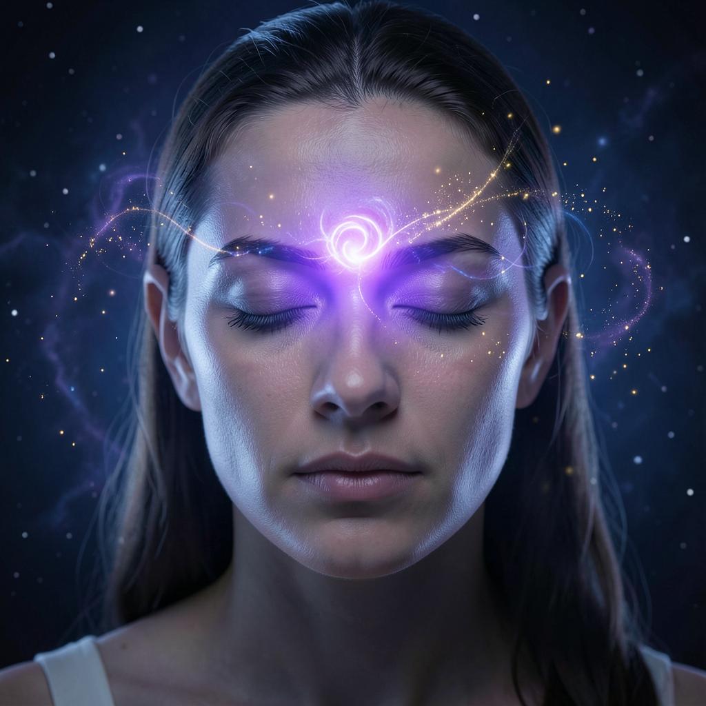 Person meditating with eyes closed and a glowing violet spiral of light at the brow centre, illustrating third eye opening signs